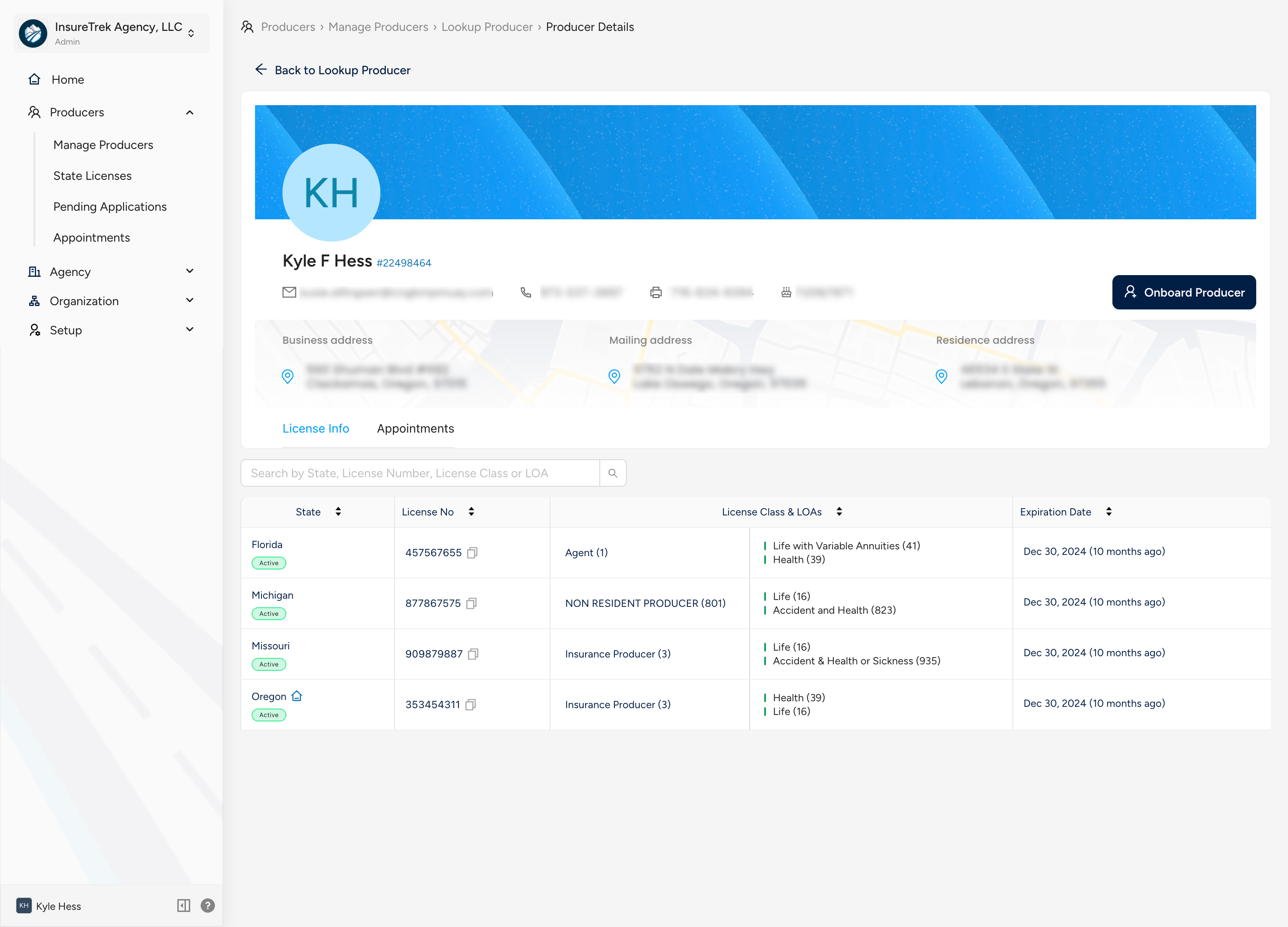 screenshot of producer lookup