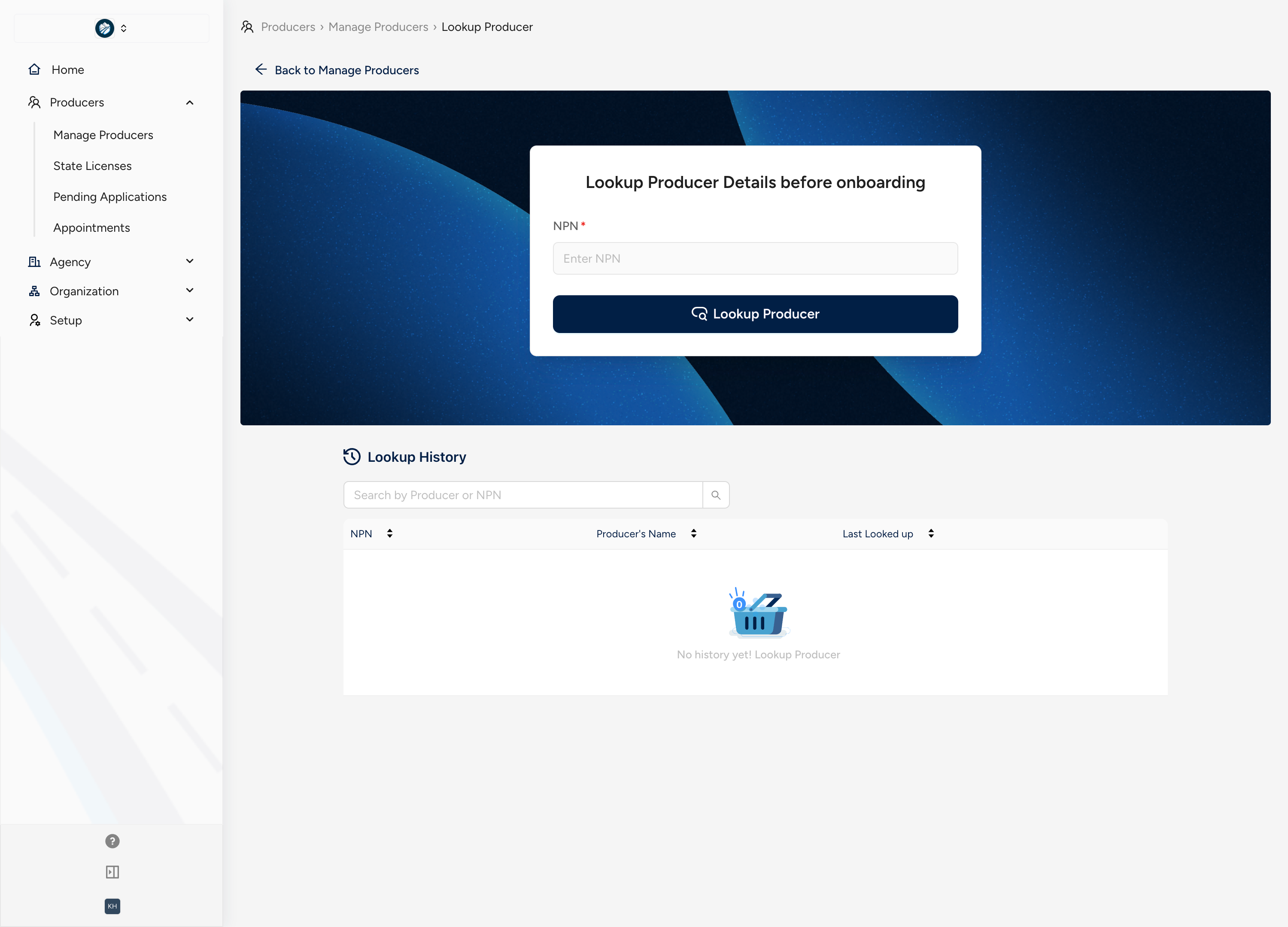 screenshot of producer lookup