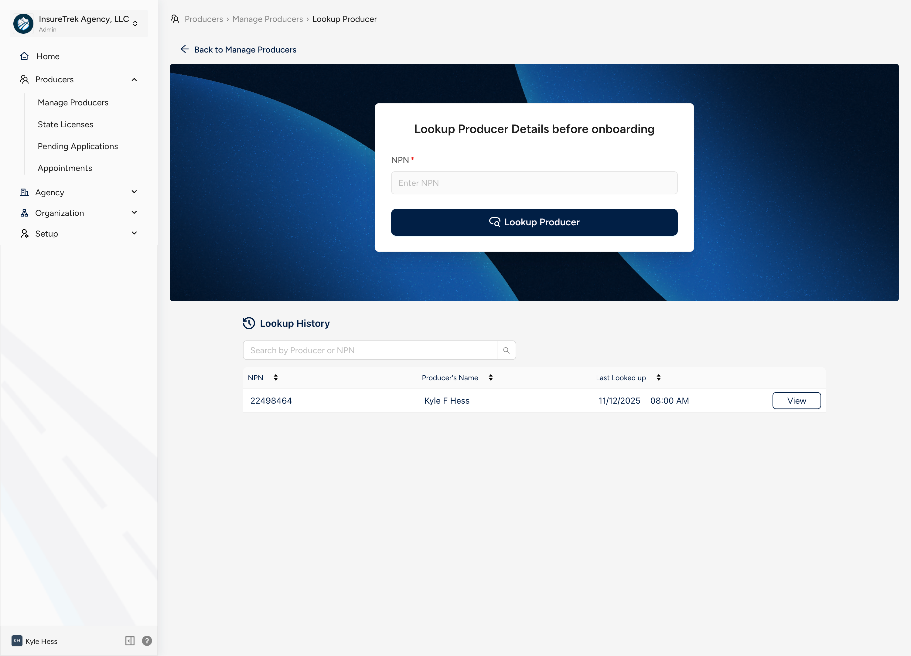 screenshot of producer lookup